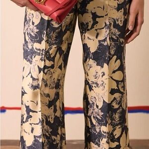 Carolina Herrera Beige and Navy Floral Wide Leg Pants